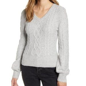 Rachel Parcell Sequin Cable Knit Puff Sleeve Sweat